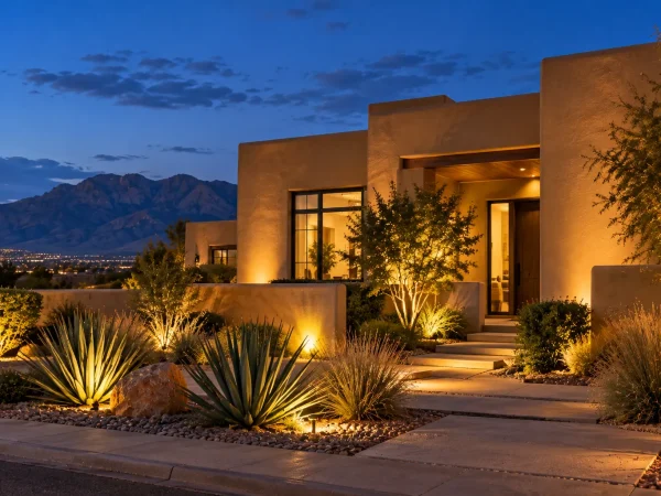 Casa adobe moderna al anochecer_