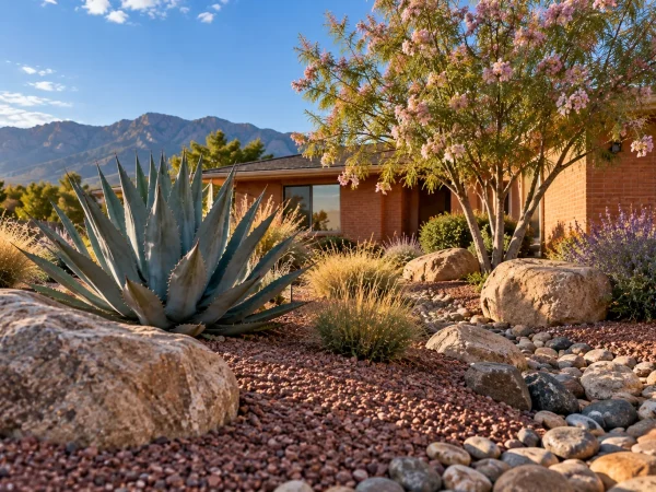 Jardín desértico al atardecer con montañas_